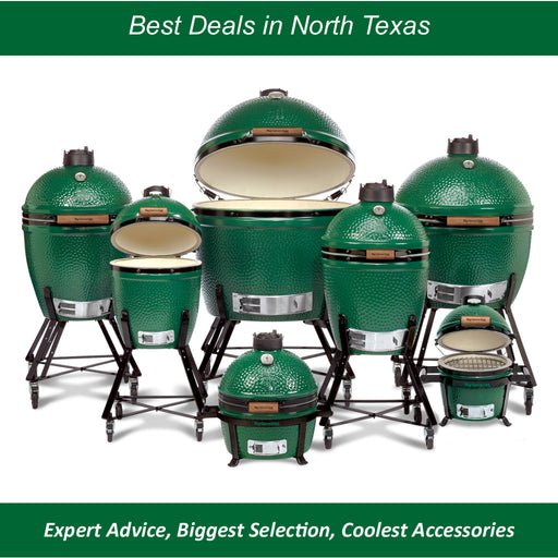 front view of all seven Big Green EGG ceramic kamado grills , from 2XL to Mini Big Green EGG. Header reads Best Deals in North Texas. Footer reads Expert Advice, Biggest Selection, Coolest Accessories