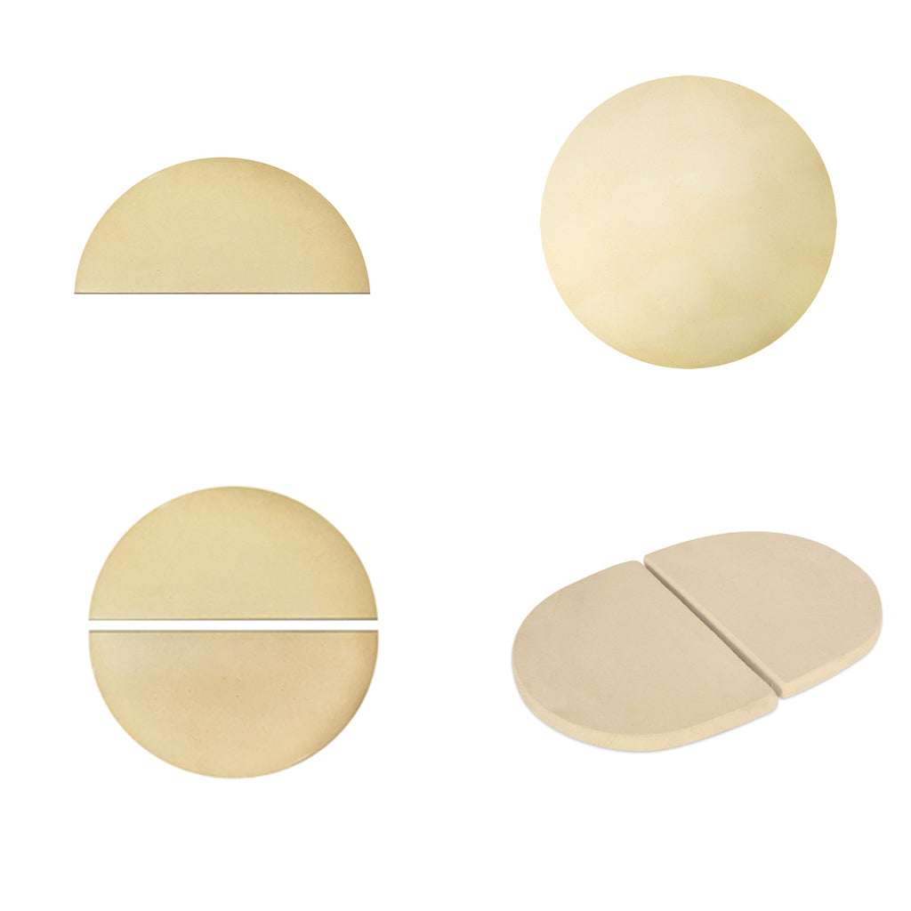 Various shapes and sizes of ceramic stones that can be used as heat deflectors and pizza stones for popular kamado grills. Half round, pair half round, full round and oval shape ceramic stones pictured.
