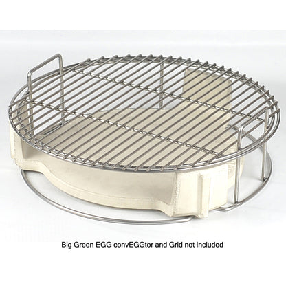 CGS' PSWoo Large Big Green EGG ConvEGGtor Basket holding the Large Big Green EGG ConvEGGtor and cooking grid.  Large Big Green EGG ConvEGGtor and cooking grid are not included with the PSWoo ConvEGGtor Basket.