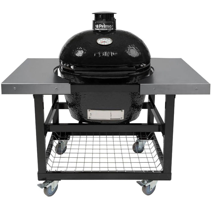 Primo Large Oval Grill in a PG00370 metal cart with stainless side shelves