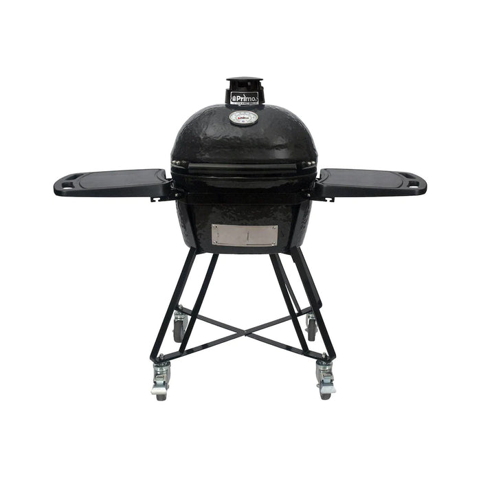 primo oval junior charcoal oval grill all in one package with cradle, side shelves and grill accessories