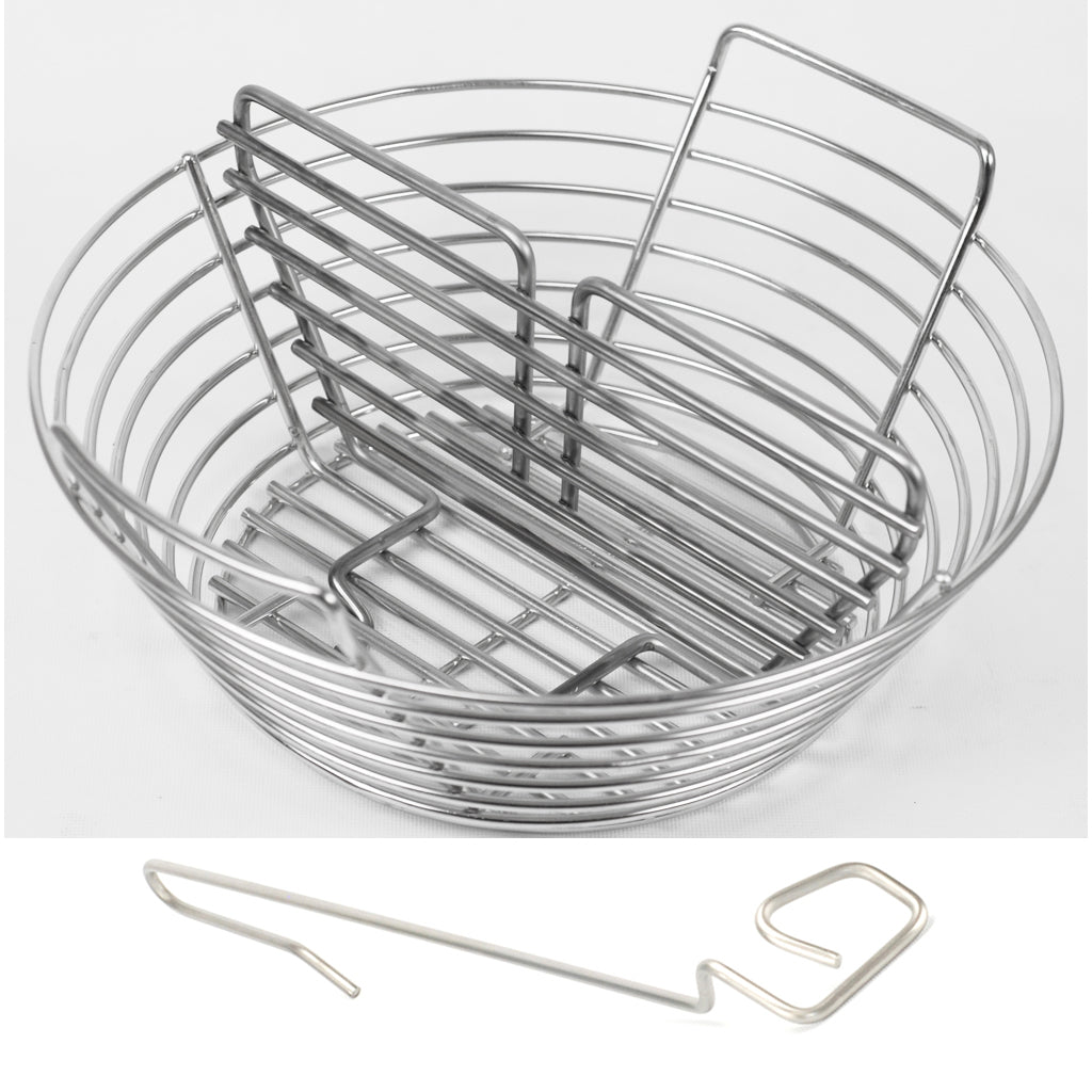 Kick Ash Basket with CGS Basket Divider for Primo Grills Round Kamado. Basket comes with Free CGS Lump Rake.
