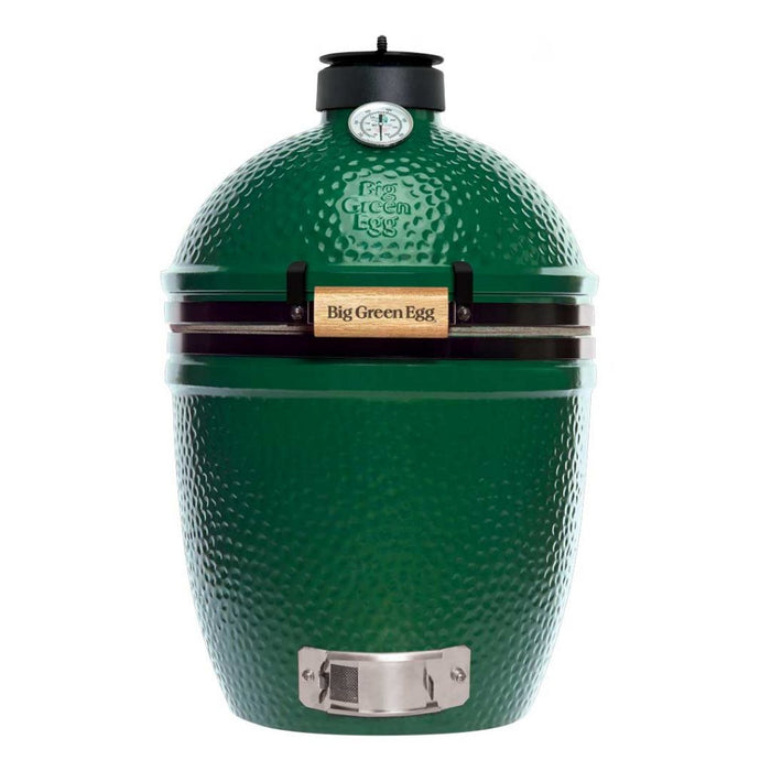 Front view Small Big Green EGG ceramic kamado grill.  Small EGG is Big Green EGG's go to kamado grill for grilling and smoking by couples or single individiual.