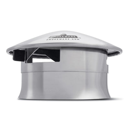 Smokeware Stainless Steel Chimney Cap for Medium, Large, XL, and 2XL Big Green Egg grills. Shown with vents open.